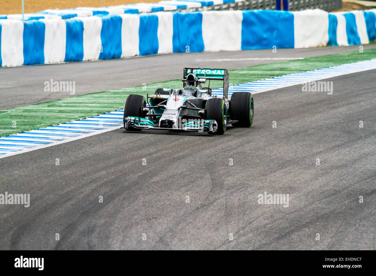 JEREZ DE LA FRONTERA, SPAIN - JAN 31: Nico Rosberg of Mercedes F1 races on training session on January 31 , 2014 Stock Photo