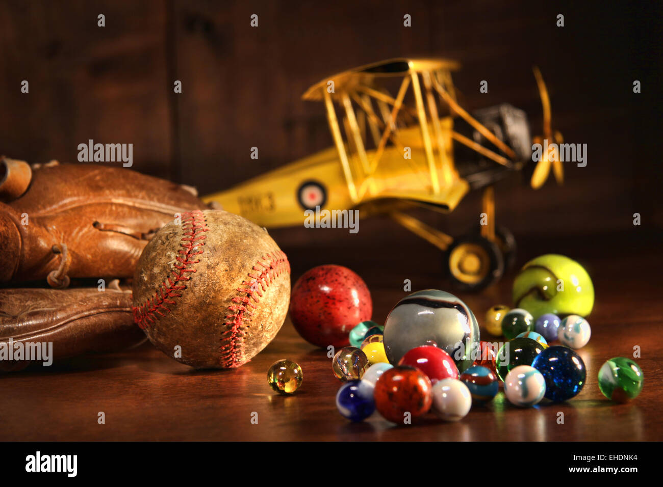 Old baseball and glove with antique toys Stock Photo Alamy