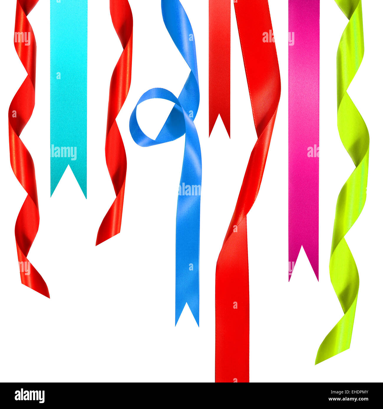Colored ribbons hanging down on white Stock Photo - Alamy