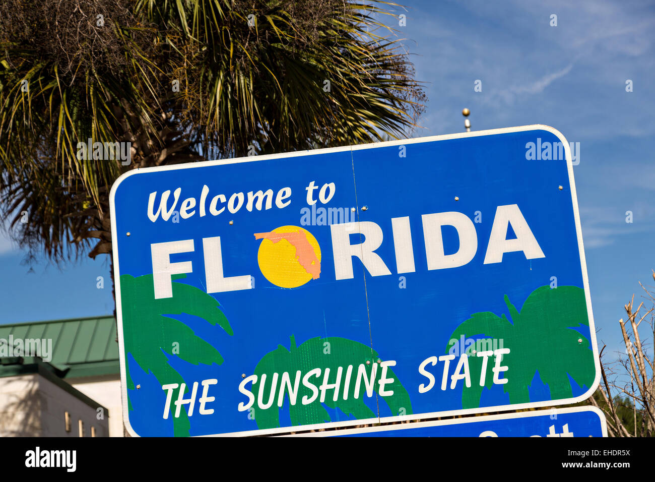 Welcome to Florida sign at the Visitors Center on I-95 in Yulee, FL. Stock Photo