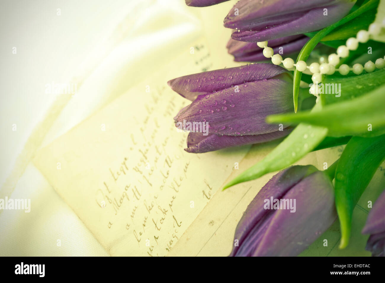 Old love letters and purple tulips. Retro style toned picture Stock Photo