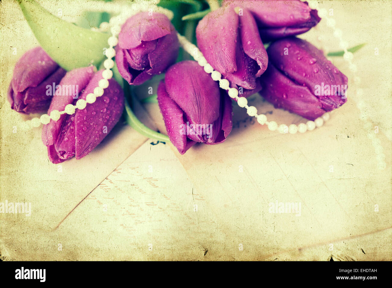 Old love letters and purple tulips. Retro style toned picture Stock Photo