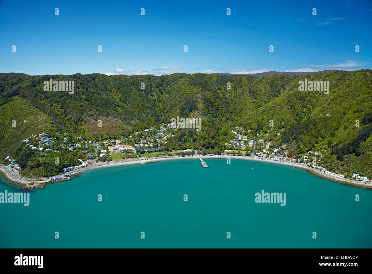 Days Bay, Eastbourne and Wellington Harbour, Wellington, North Island, New Zealand - aerial Stock Photo