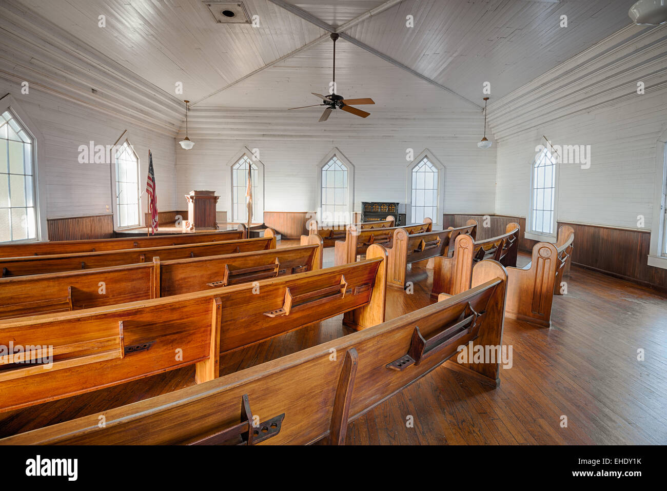 Interior of a historic church in the Dothan's Landmark Park. Stock Photo