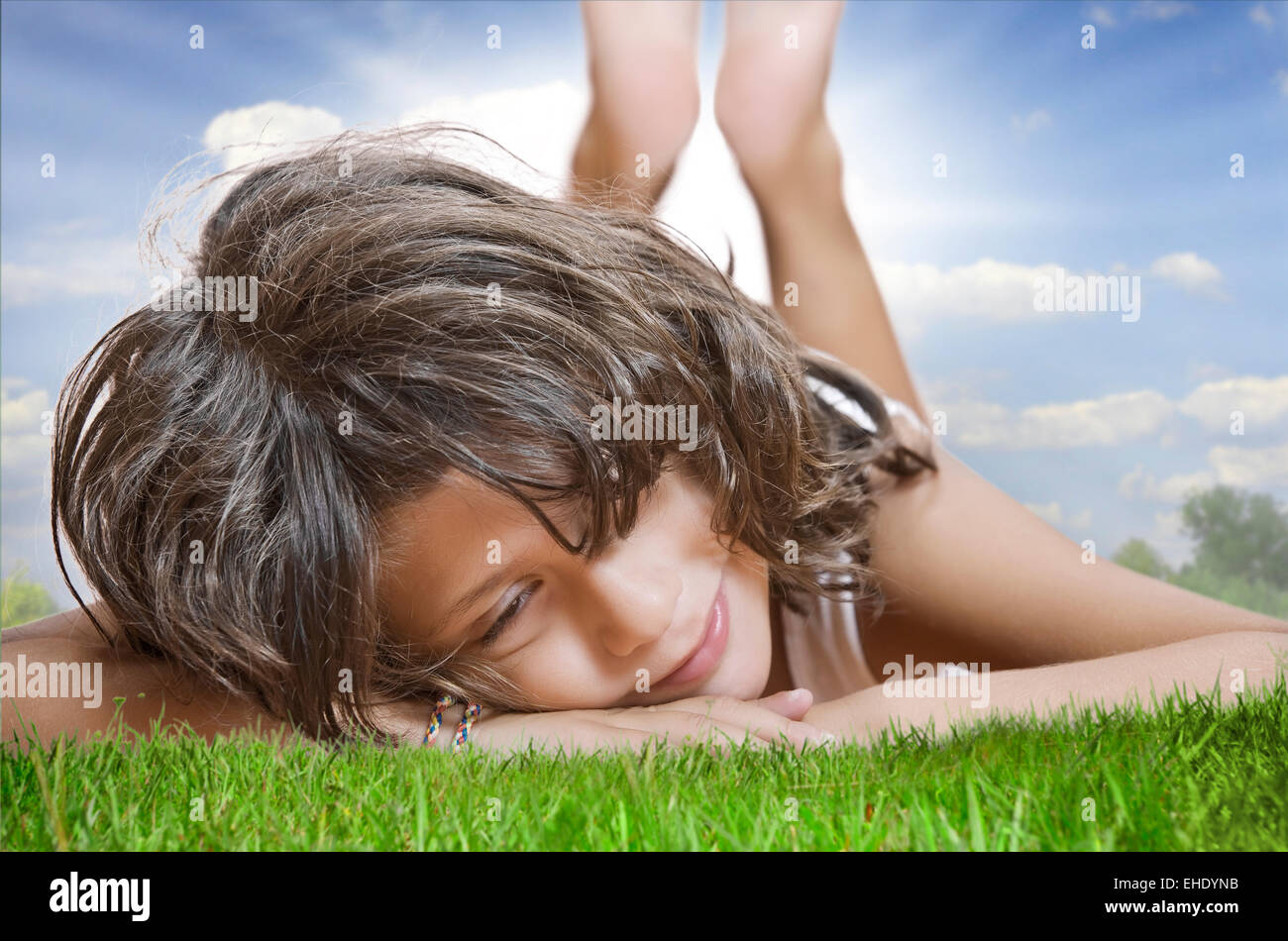 Portrait of little girl having good time in summer environment Stock ...