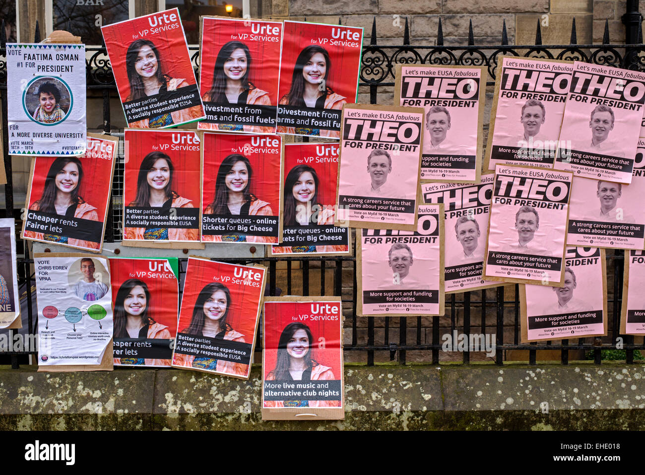 Posters for Edinburgh University Student Association (EUSA) elections on railings at the