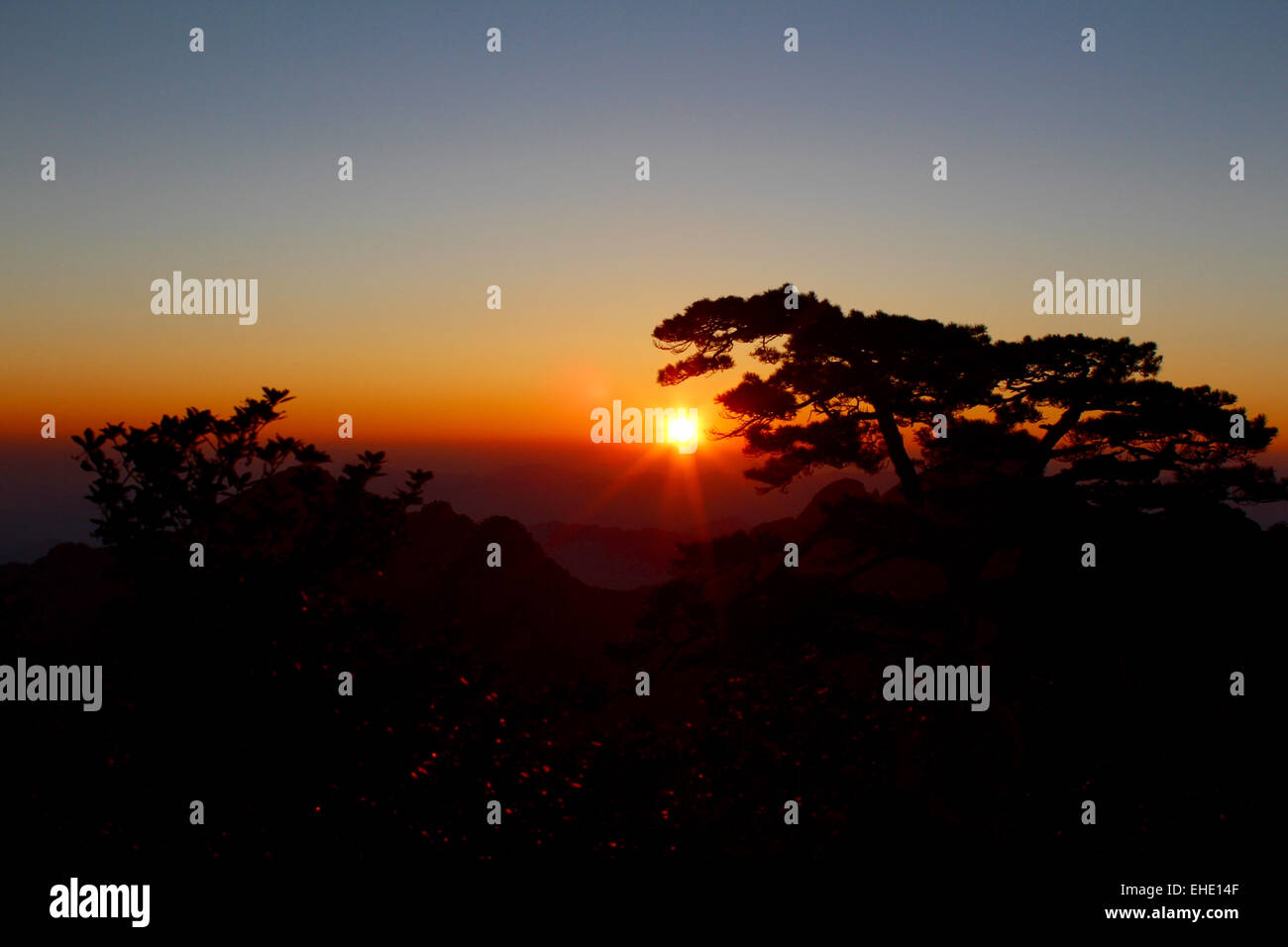 Photography of the sunrise at Huangshan, the Yellow Mountain. Stock Photo