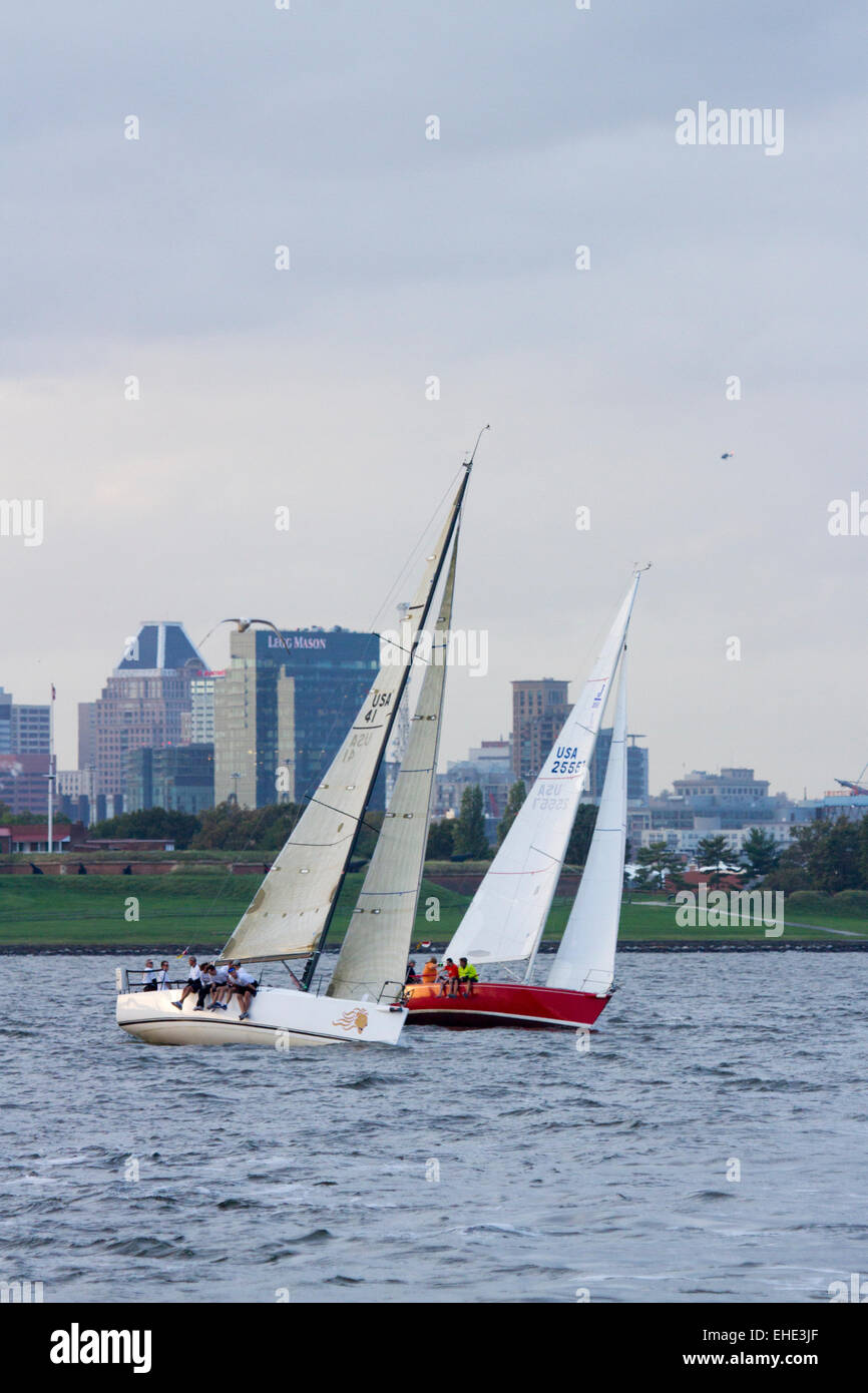 Sailboats on the Chesapeake Bay in front of Fort McHenry with Baltimore, Maryland in the background Stock Photo