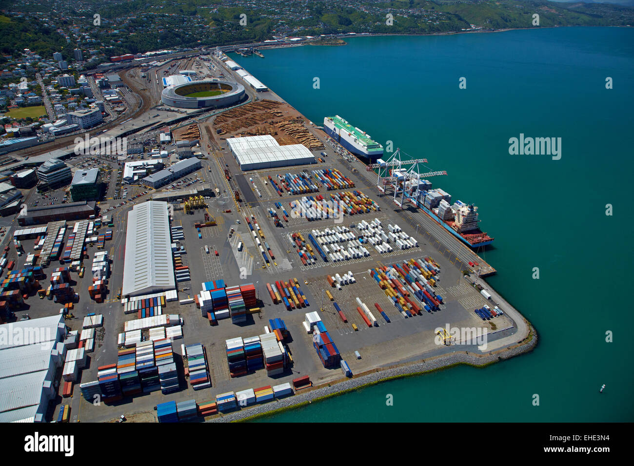 Thorndon Container Terminal, and Wellington Harbour,  Wellington, North Island, New Zealand - aerial Stock Photo