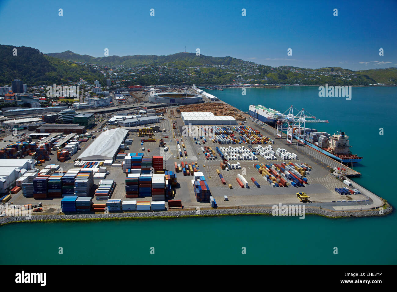 Thorndon Container Terminal, and Wellington Harbour,  Wellington, North Island, New Zealand - aerial Stock Photo