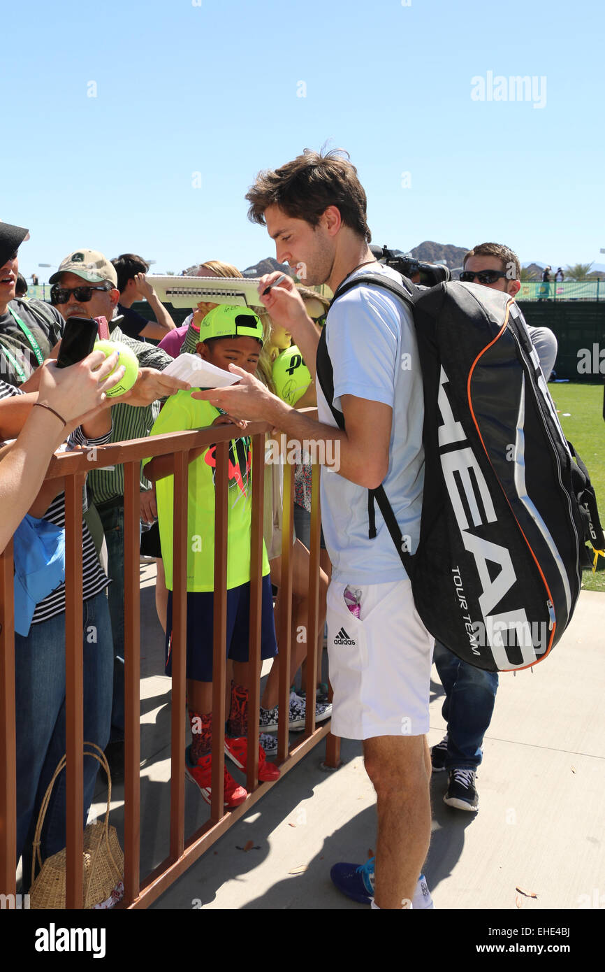 Indian Wells, California 12th March, 2015 French tennis player Gilles Simon signs autographs at the BNP Paribas Open. Credit: Lisa Werner/Alamy Live News Stock Photo