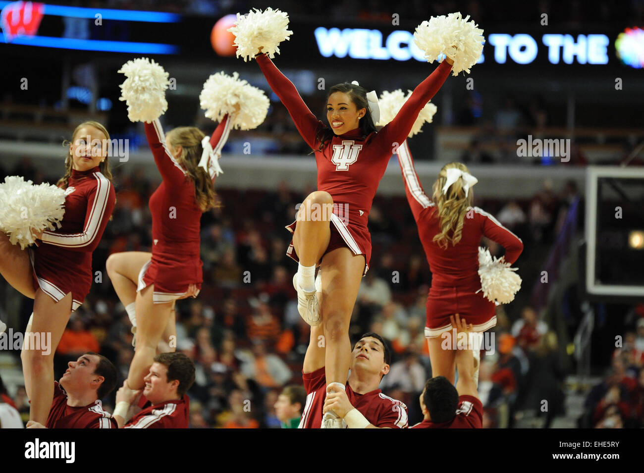 Chicago, IL, USA. 12th Mar, 2015. Indiana Hoosiers cheerleaders perform in the second half during the 2015 Big Ten Men's Basketball Tournament game between the Northwestern Wildcats and the Indiana Hoosiers at the United Center in Chicago, IL. Patrick Gorski/CSM/Alamy Live News Stock Photo