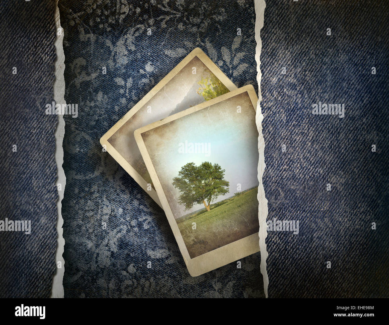 Grungy denim with photos on faded background Stock Photo