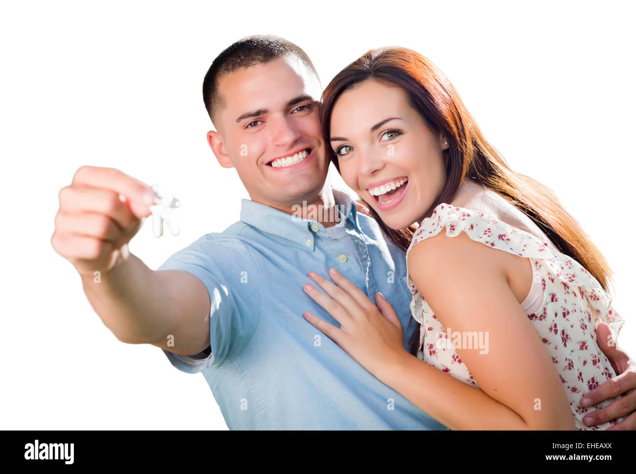 Excited Military Couple with House Keys Isolated on White Stock Photo ...