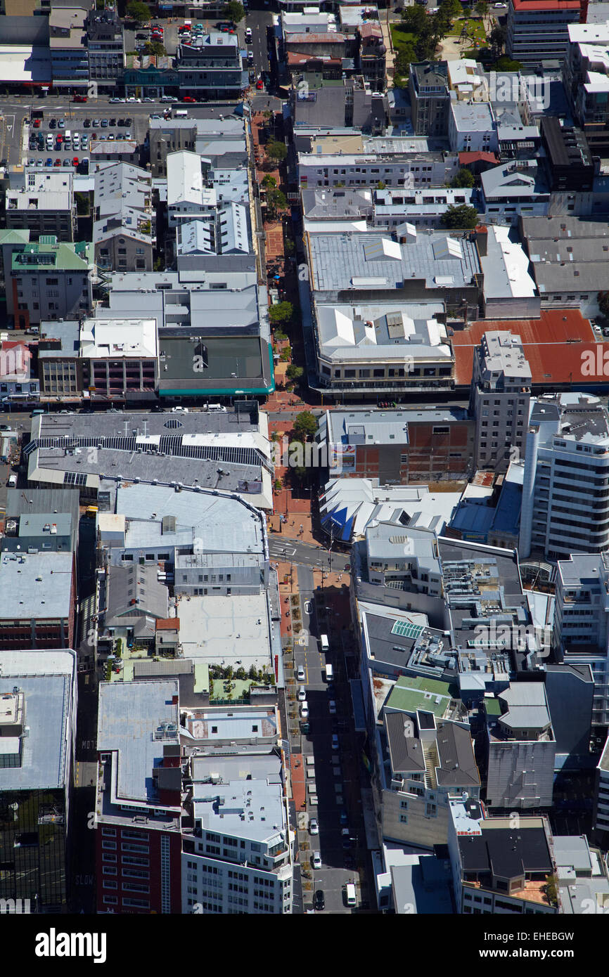 Cuba Street, Central Business District, Wellington, North Island, New Zealand - aerial Stock Photo