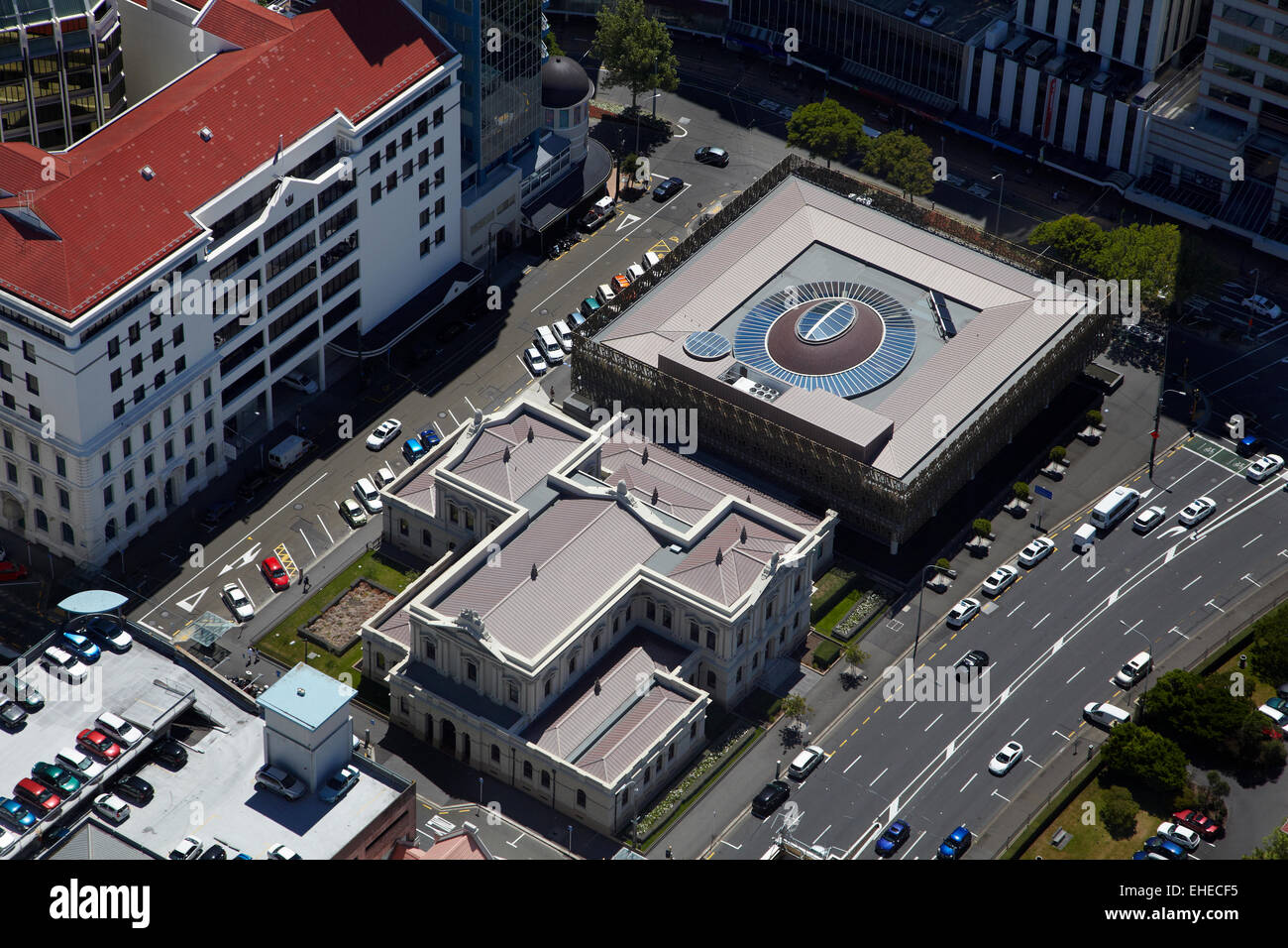 Old and new buildings of the Supreme Court of New Zealand, Wellington, North Island, New Zealand - aerial Stock Photo