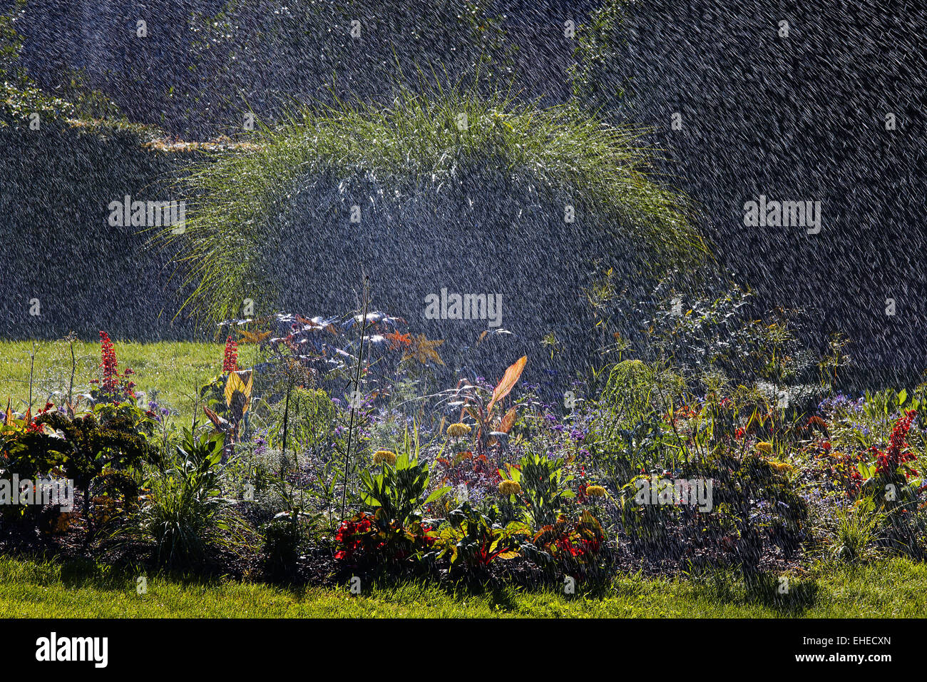 water sprinklers at Riquewihr flower gardens Stock Photo