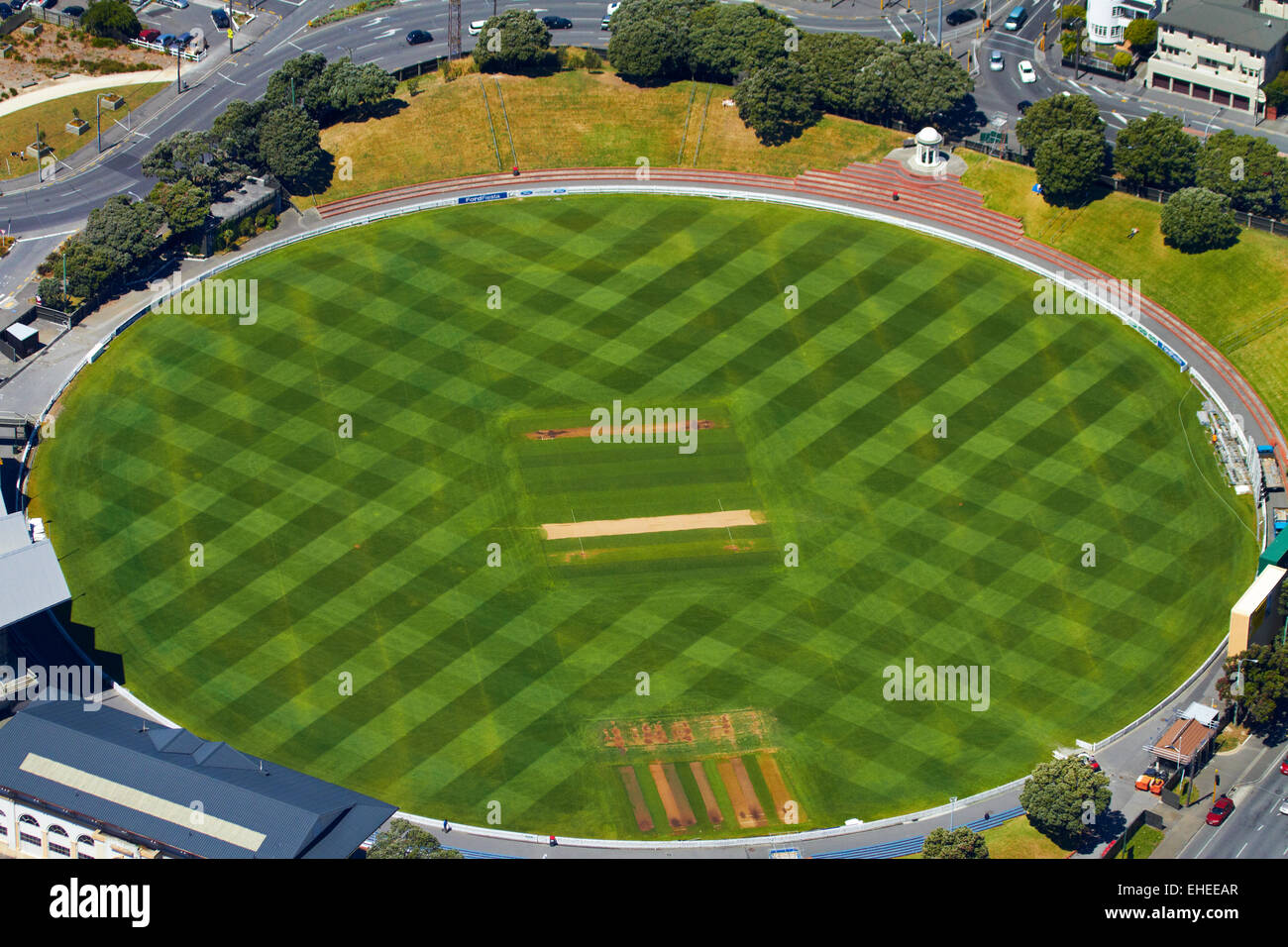 The Basin Reserve Cricket Ground, Wellington, North Island, New Zealand - aerial Stock Photo