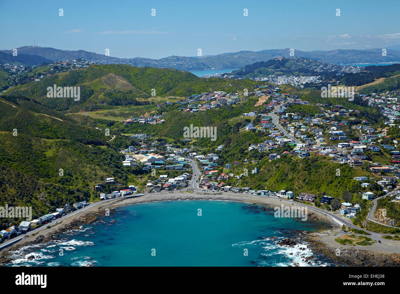 Owhiro Bay, Wellington, North Island, New Zealand - aerial Stock Photo