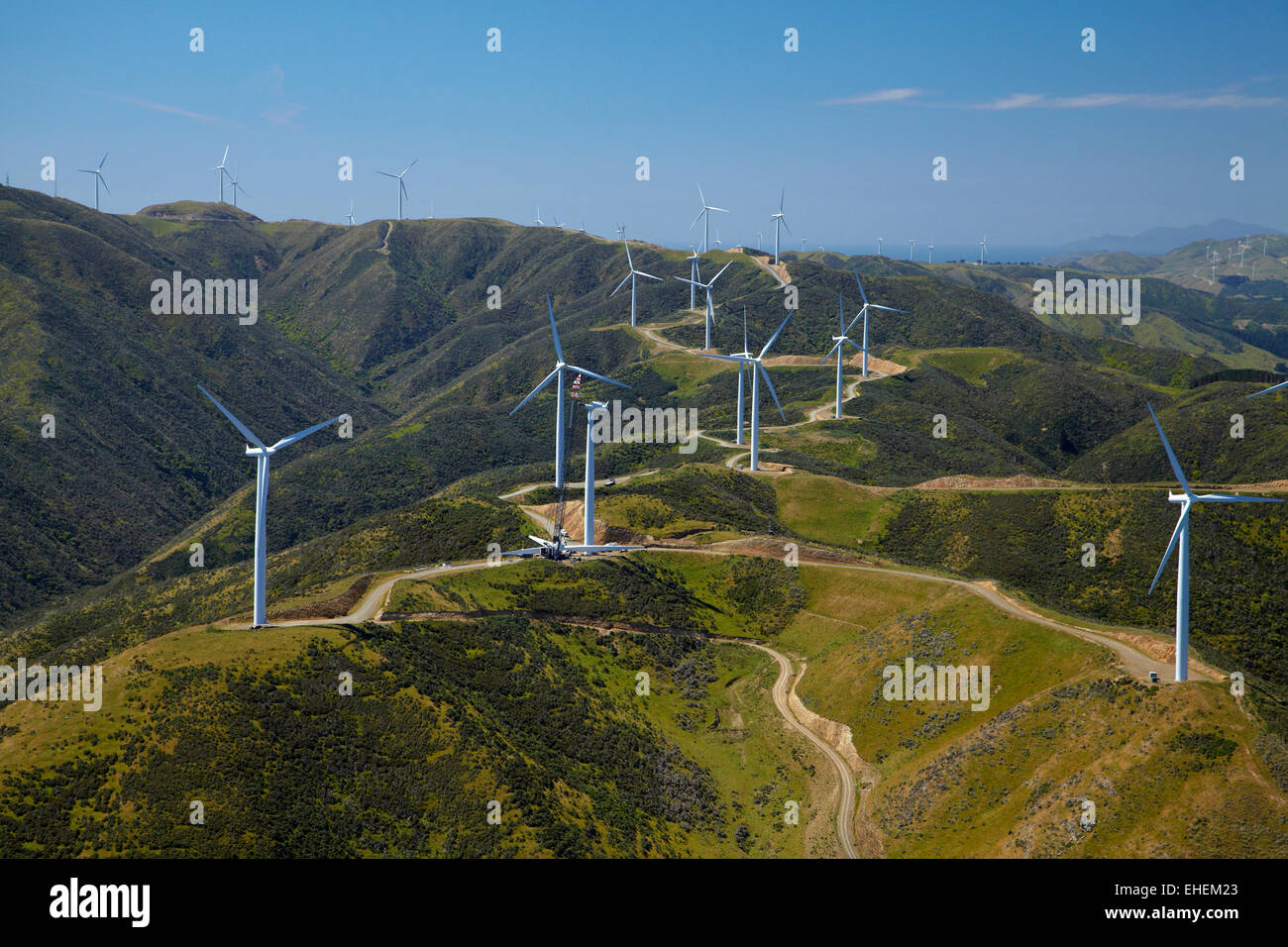 Makara Wind Farm (Project West Wind) near Wellington, North Island, New Zealand - aerial Stock Photo