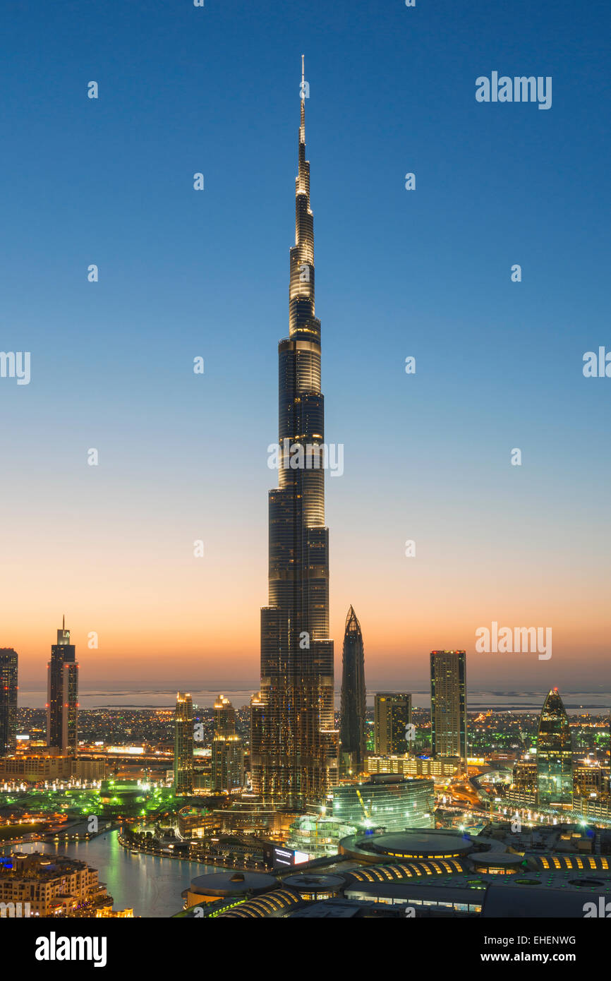 Burj Khalifa and skyline of Downtown Dubai at night in United Arab Emirates Stock Photo
