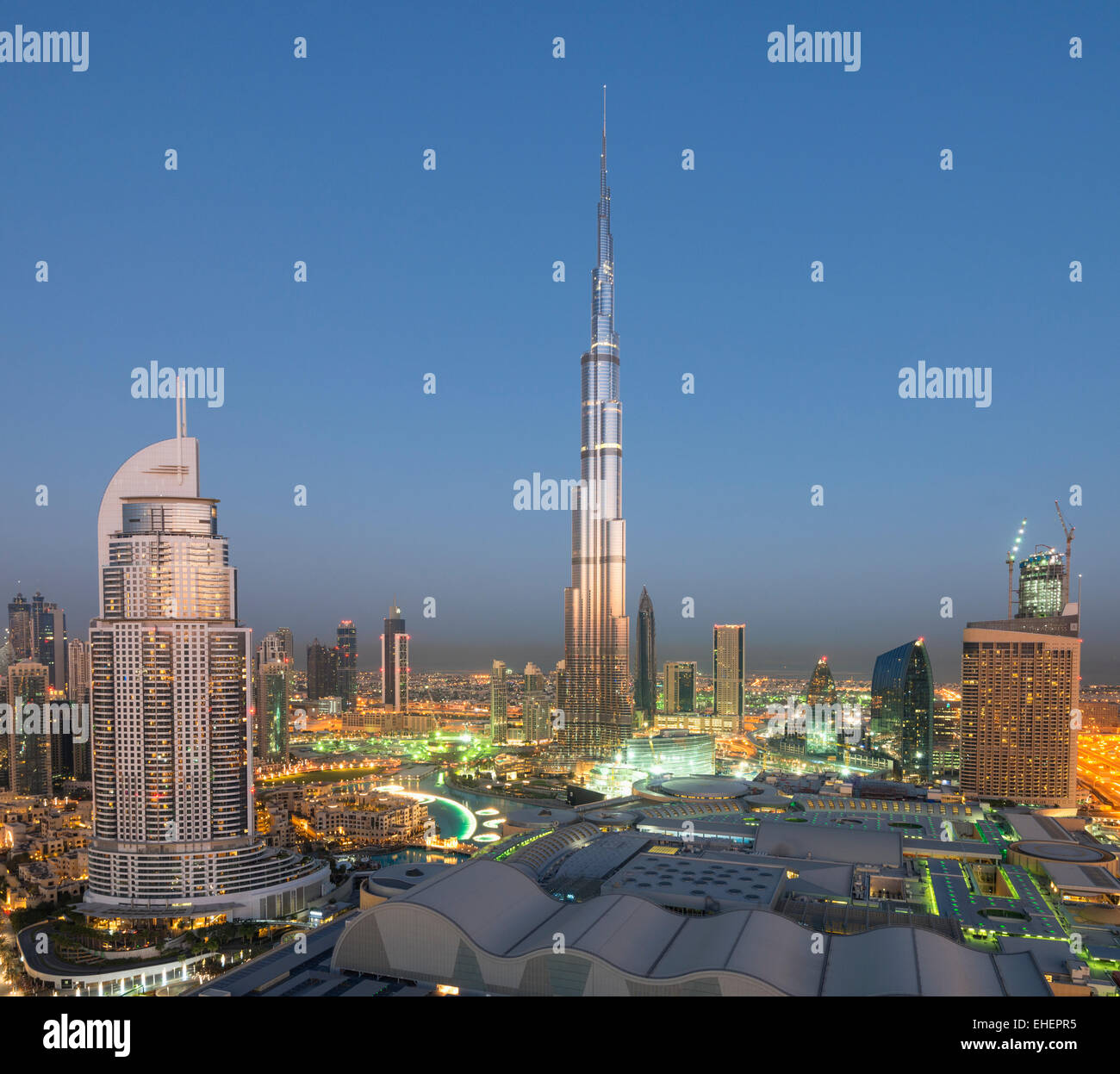 Burj Khalifa , the Dubai Mall and skyline of Downtown Dubai at sunrise in United Arab Emirates Stock Photo