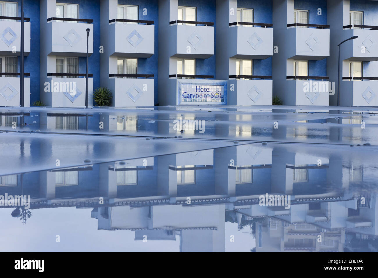 Hotel facade with reflection in Carvoeiro Stock Photo