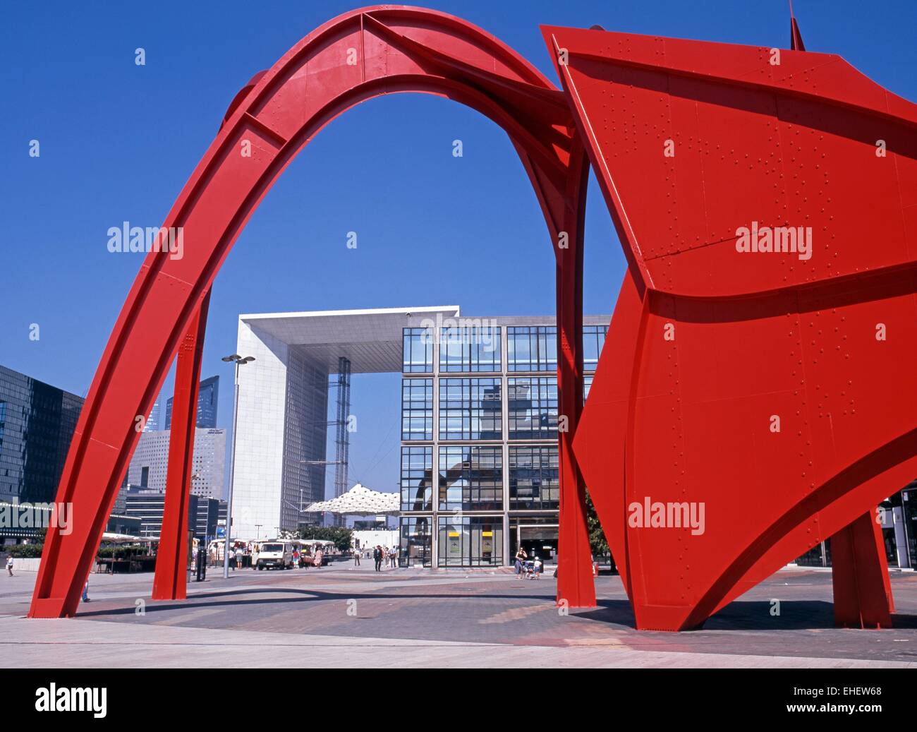 The Grand Arche seen through Calders Red Spider metal sculpture at La Defense, Paris, France, Western Europe. Stock Photo
