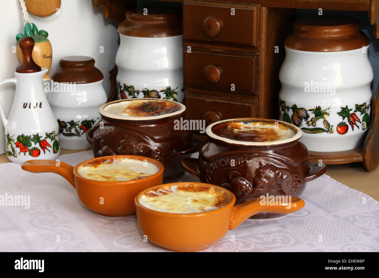 House fermented baked milk in pottery. Stock Photo