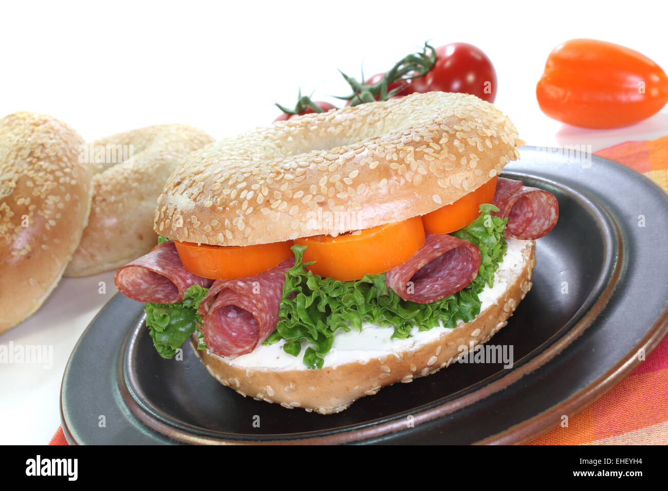 Bagel with Salami Stock Photo Alamy