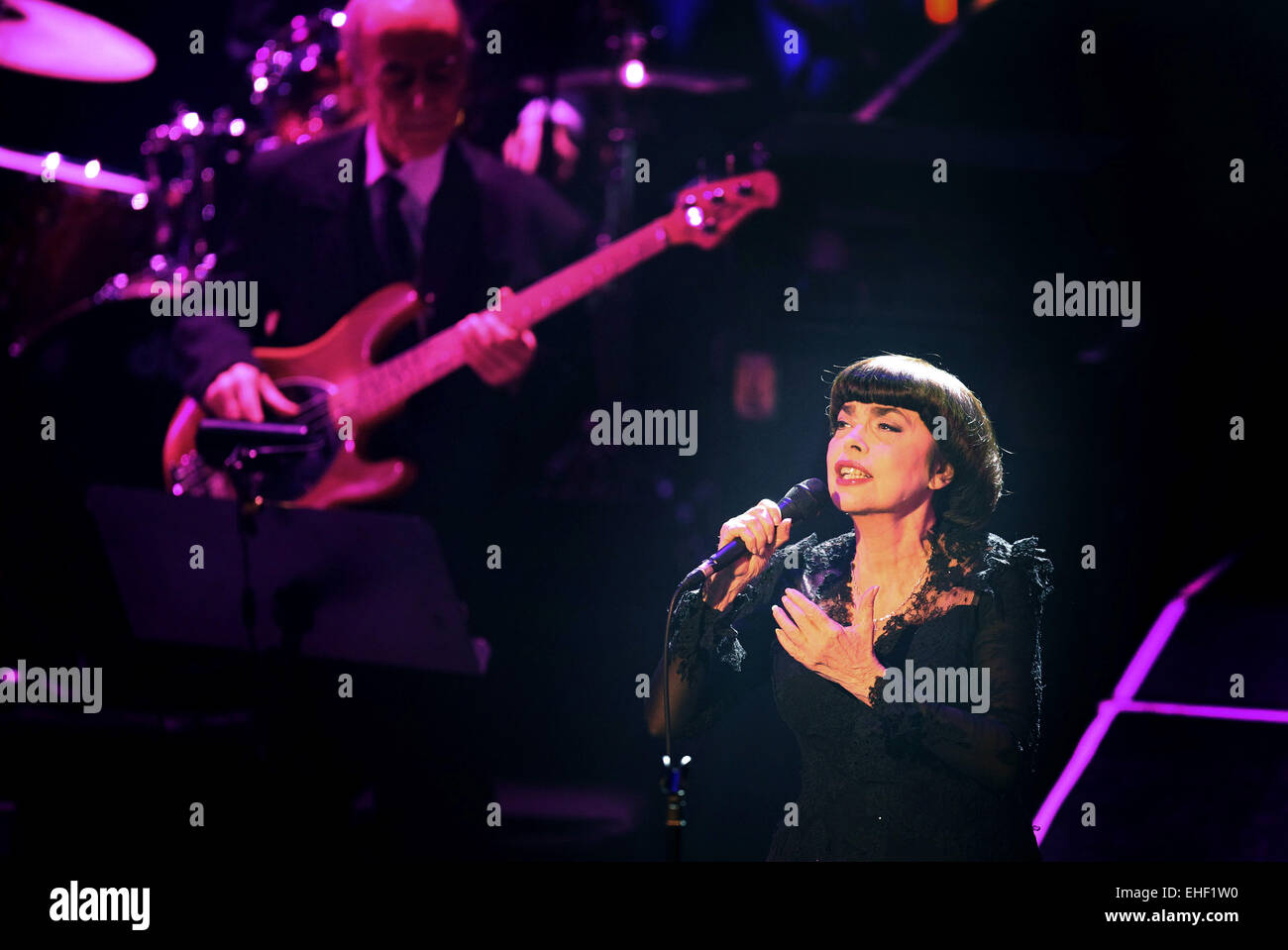 Fuessen, Germany. 12th Mar, 2015. French singer Mireille Mathieu performs on stage as part of her tour celebrating her 50th stage anniversary at the Festspielhaus concert venue in Fuessen, Germany, 12 March 2015. Photo: Karl-Josef Hildenbrand /dpa/Alamy Live News Stock Photo
