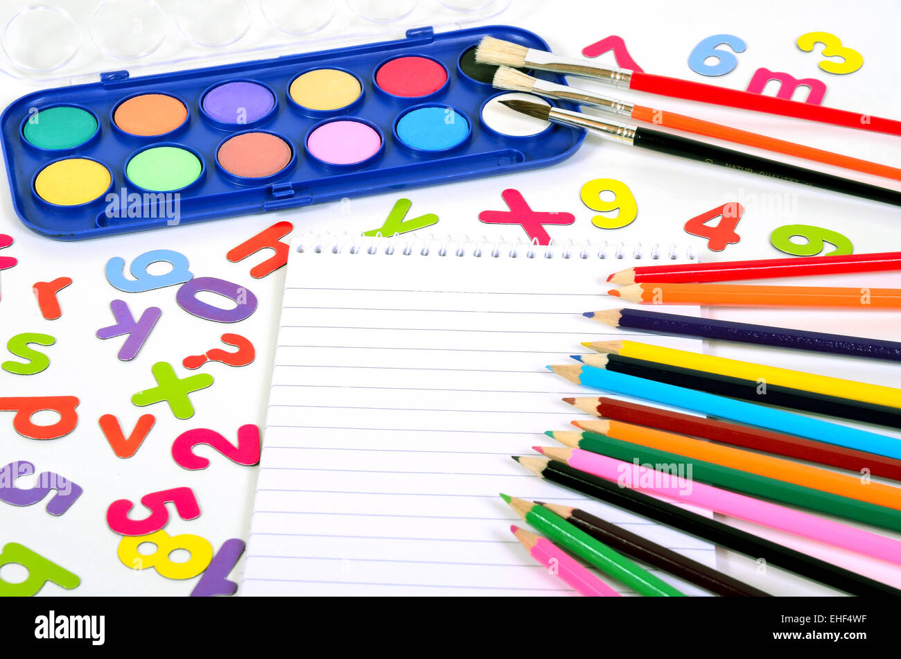 School letters brush pens colorful numbers Stock Photo Alamy