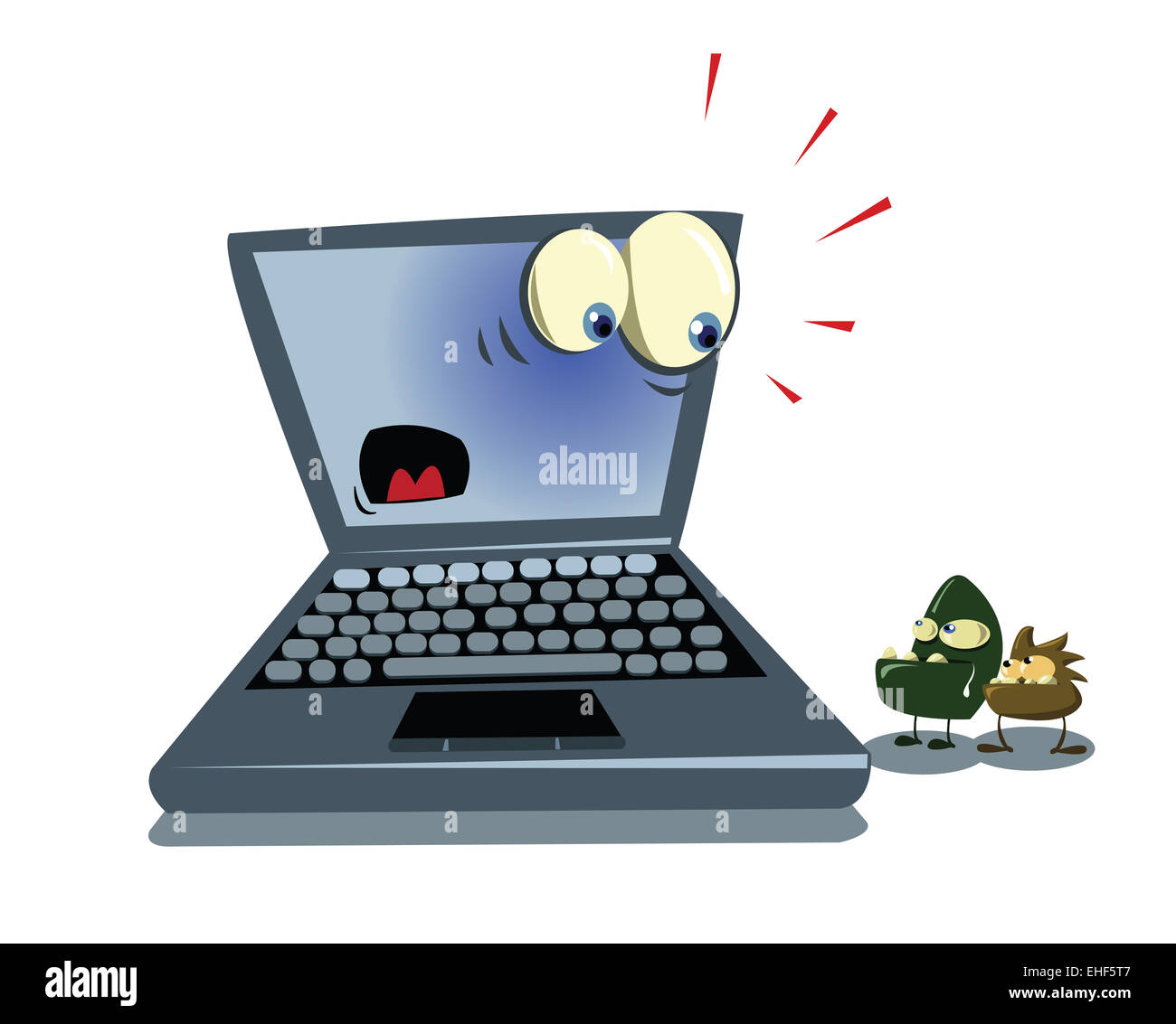 a funny scared laptop and two virus Stock Photo