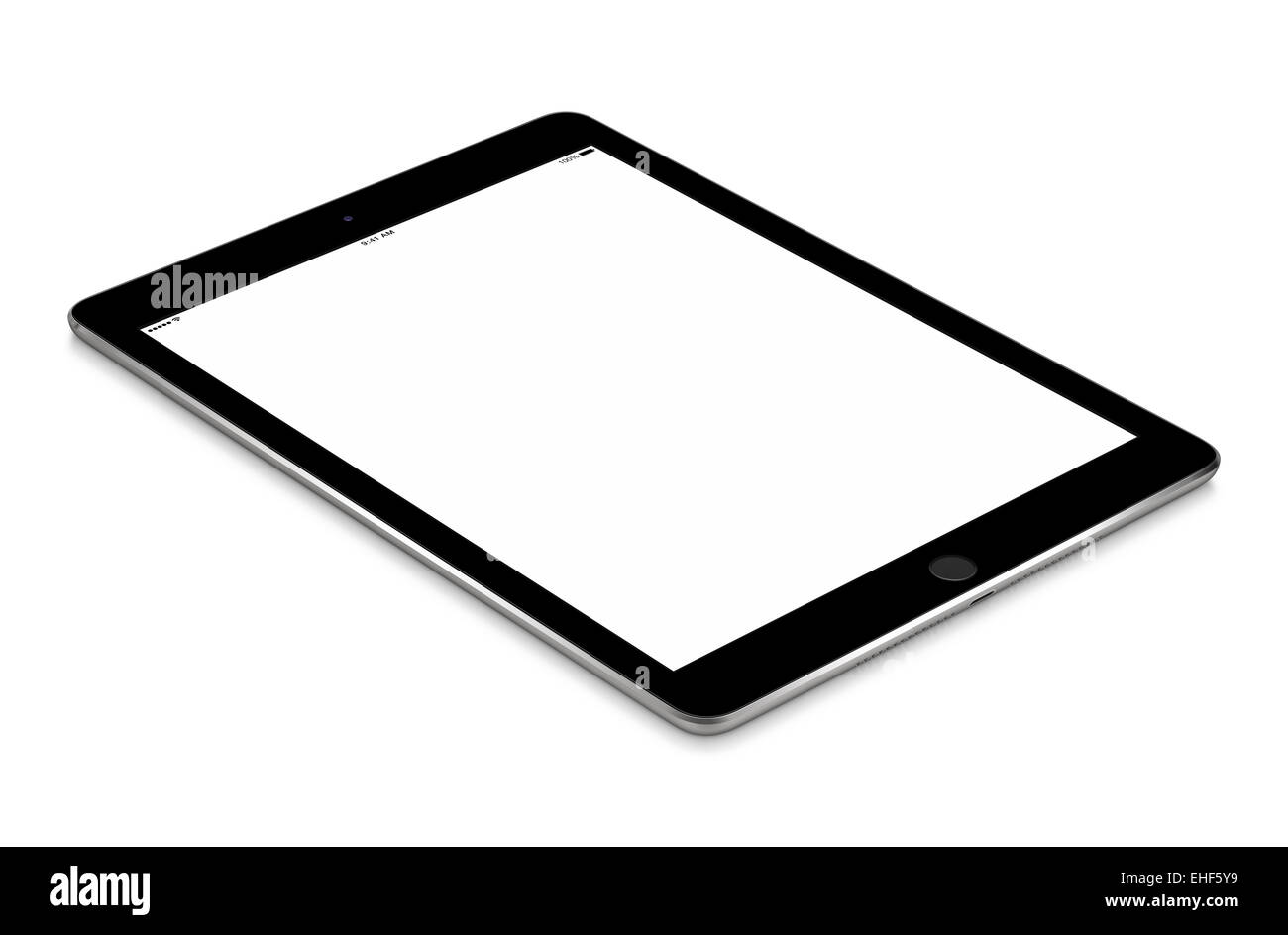 Black tablet computer with blank screen mockup lies on the surface, isolated on white background. Whole image in focus, high qua Stock Photo