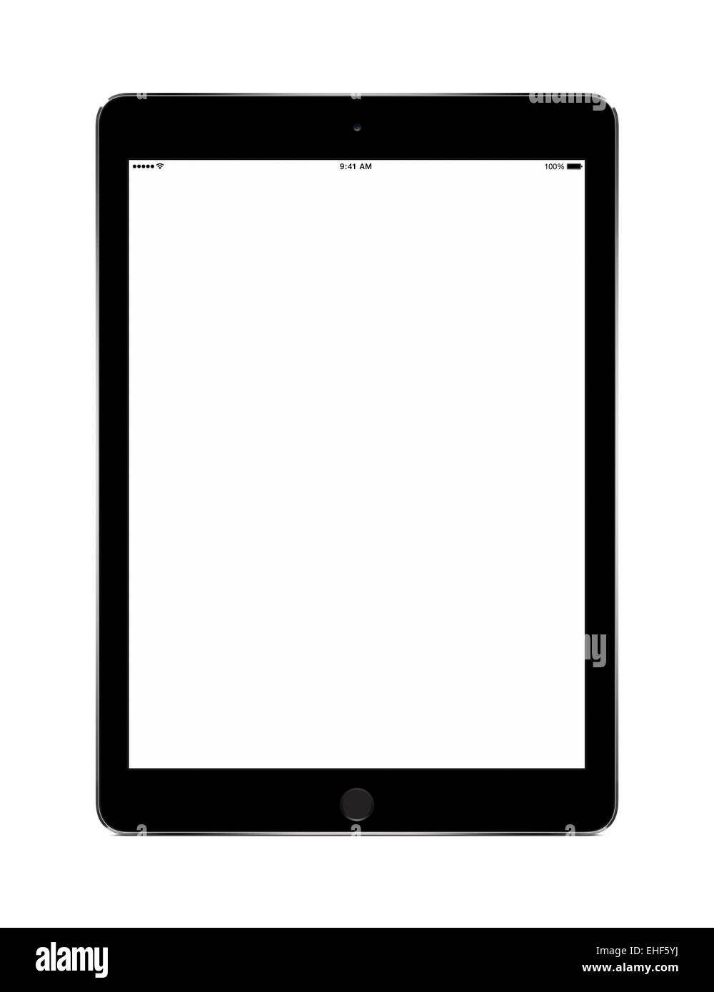 Front view of black tablet computer with blank screen mockup on white background. Stock Photo