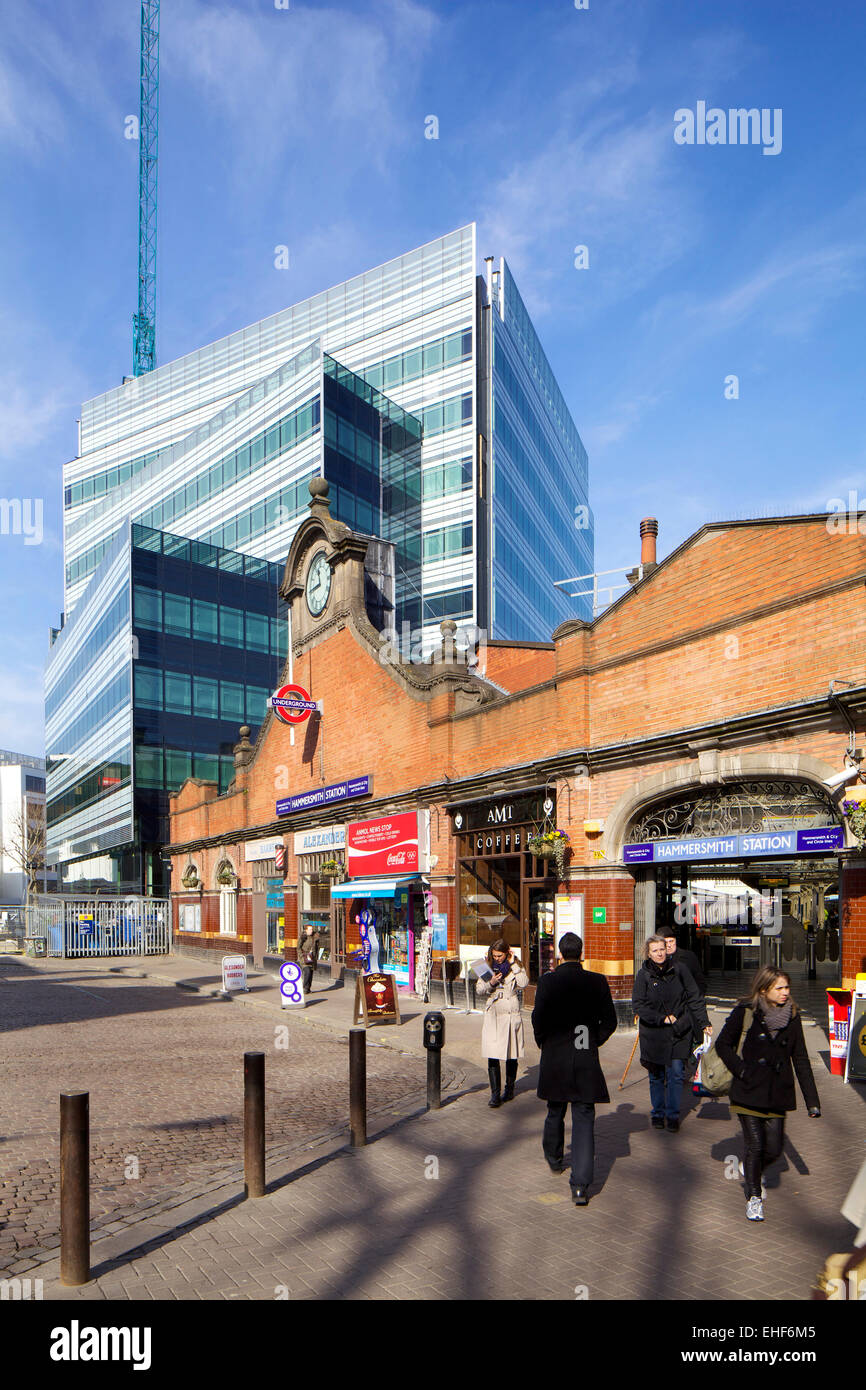 Hammersmith station on the London Underground with a new commercial development in the background, Hammersmith, London Stock Photo