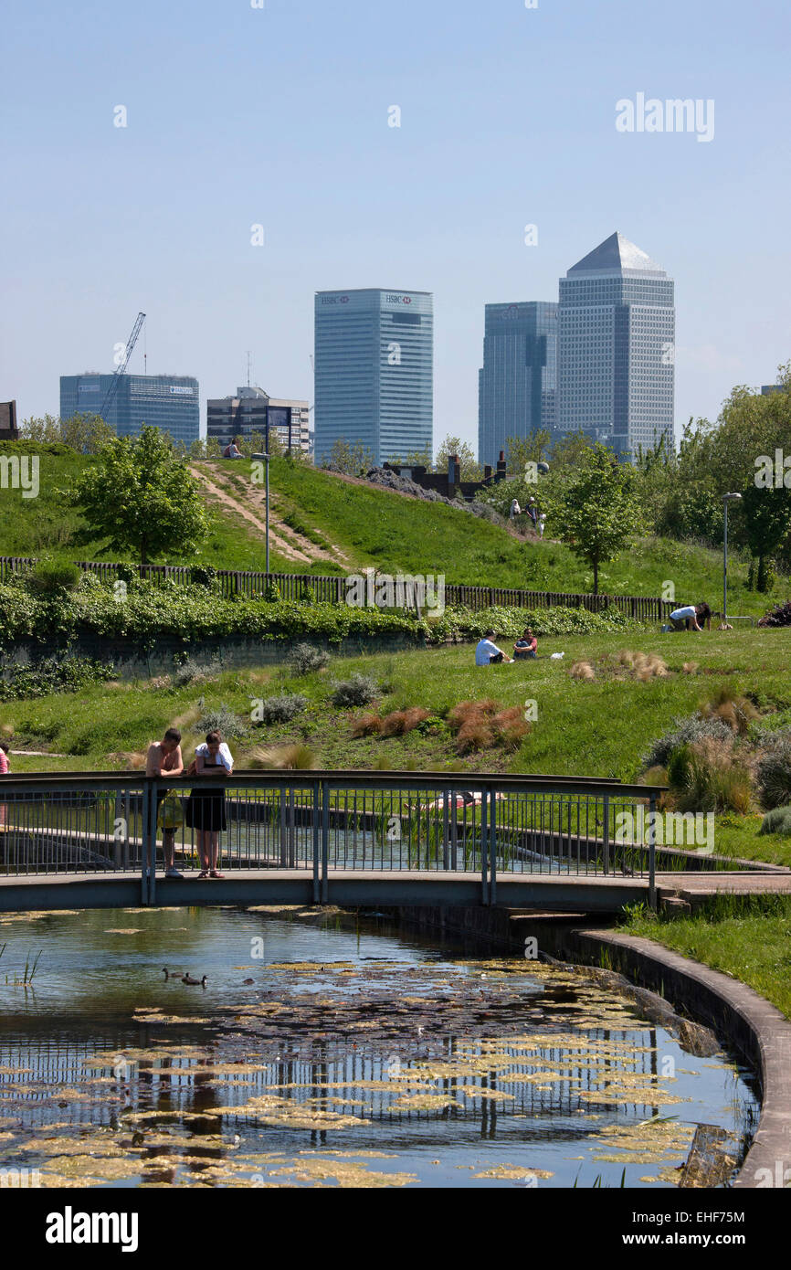 Public open space with Canary Wharf in the background, London Stock Photo