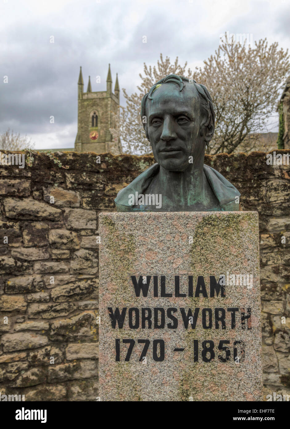 Bronze bust of  the romantic poet William Wordsworth, Cockermouth, Cumbria, Borough of Allerdale, England, Great Britain, UK. Stock Photo