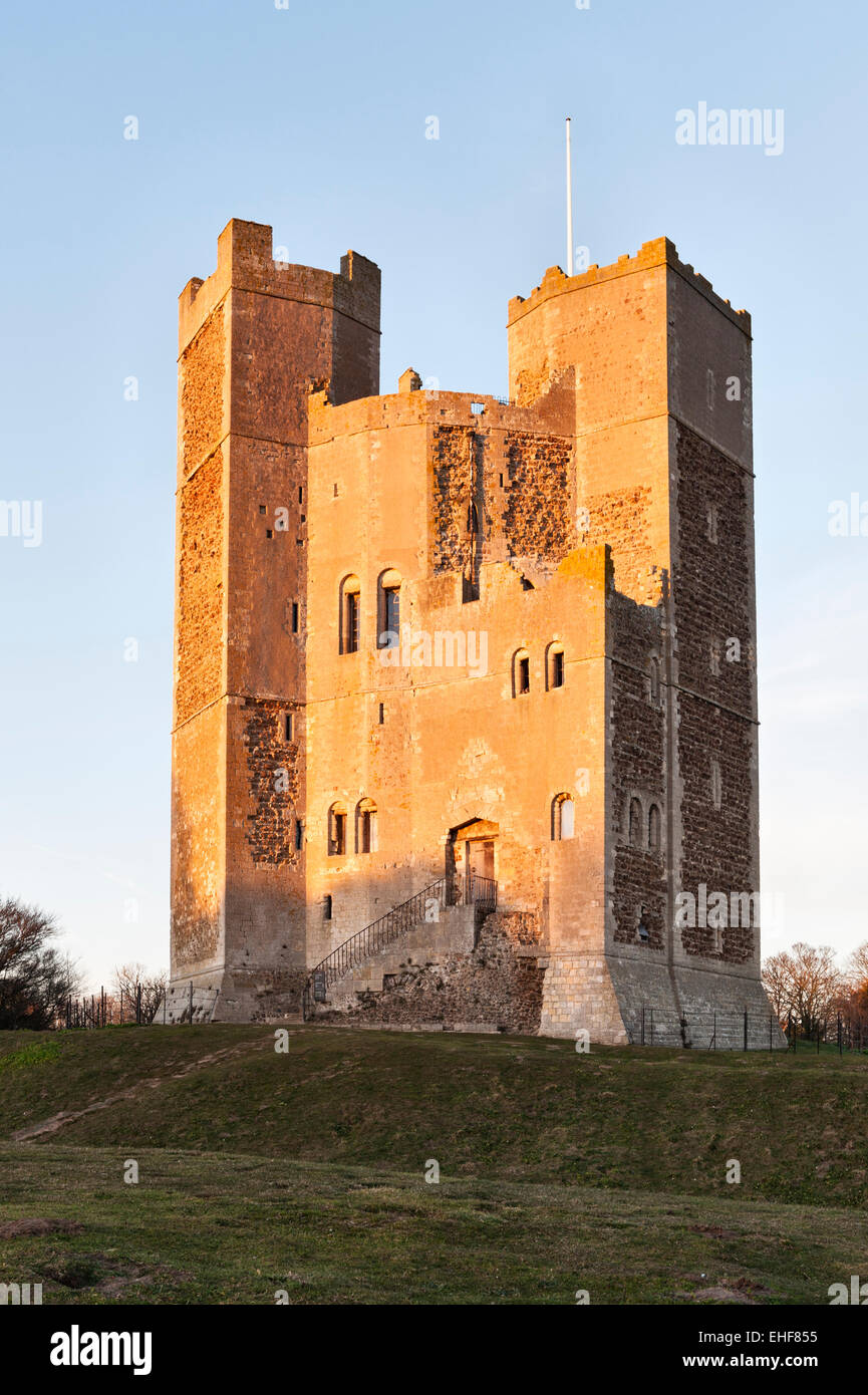 Orford Castle, Suffolk, UK, at sunset. Built about 1170, it looks over Orford Ness and out across the coast to the North Sea. Stock Photo