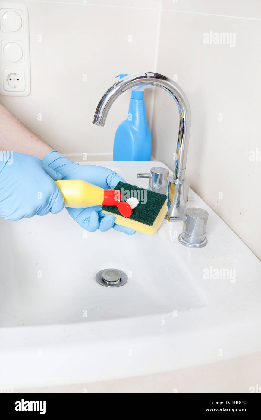 in a bathroom the sink is cleaned Stock Photo