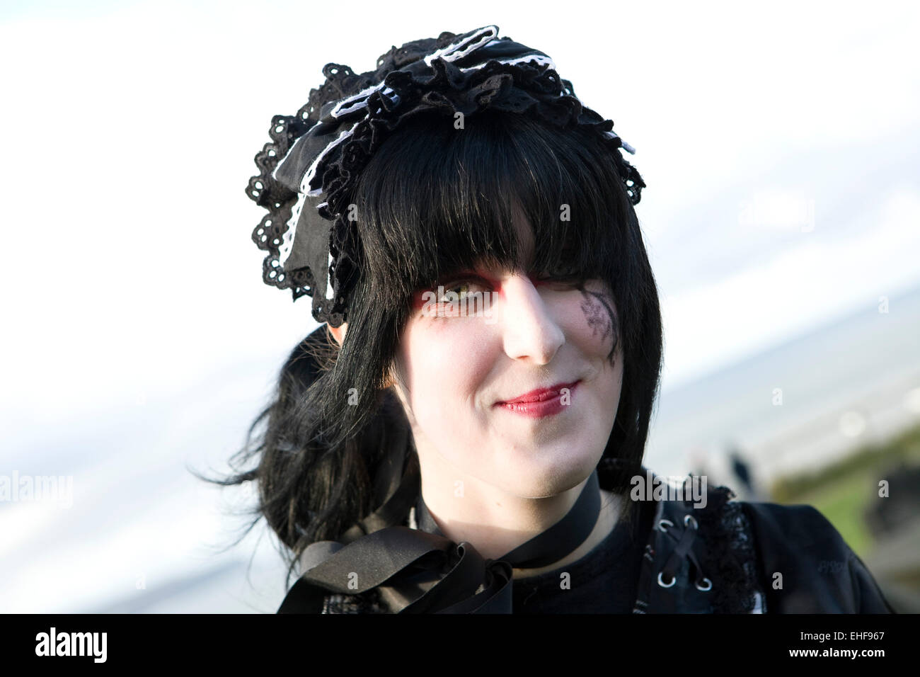 Young girl in Japanese style Gothic Lolita fashion at Whitby Goth Weekender. Stock Photo