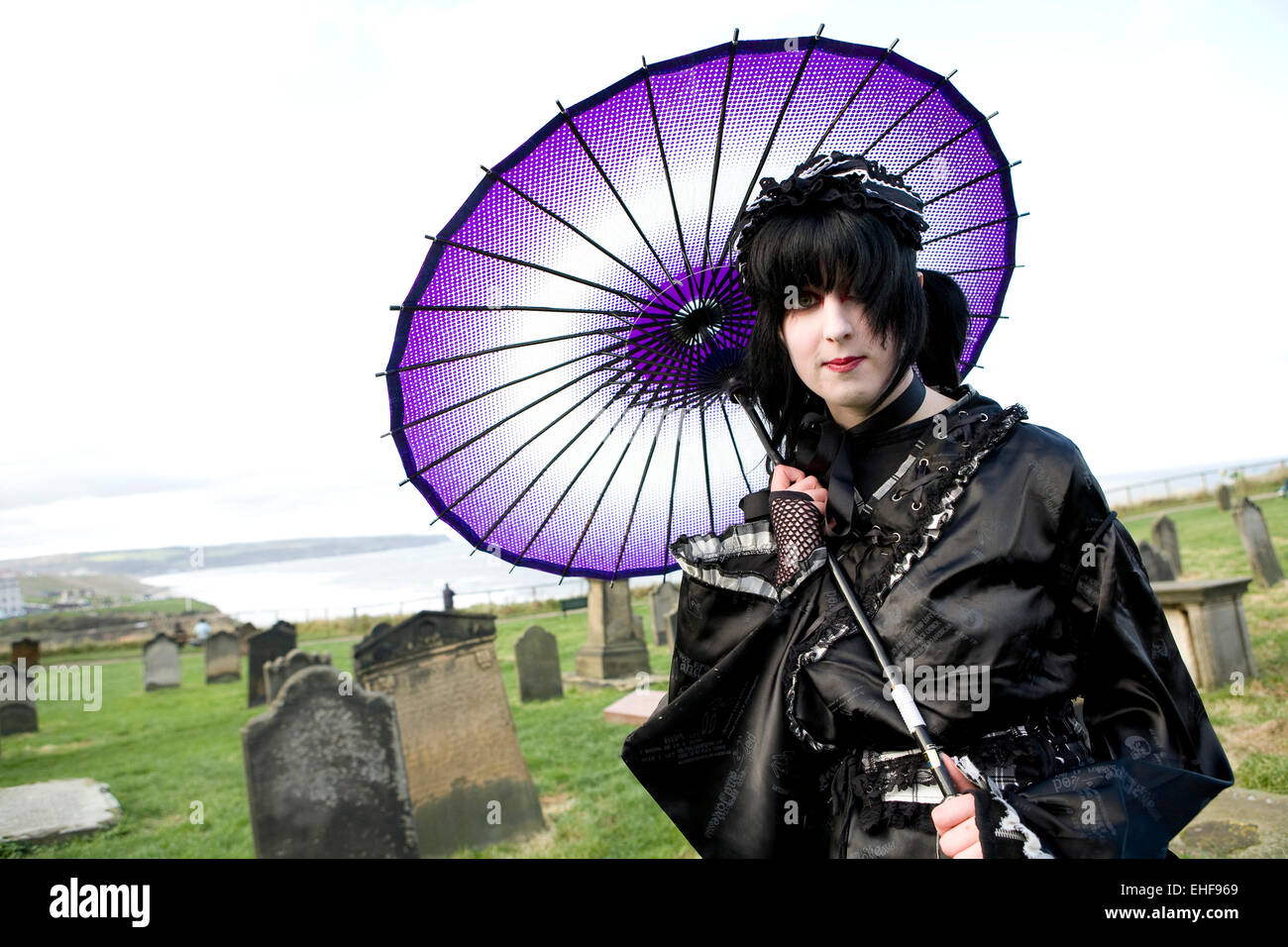 Young girl in Japanese style Gothic Lolita fashion at Whitby Goth Weekender. Stock Photo