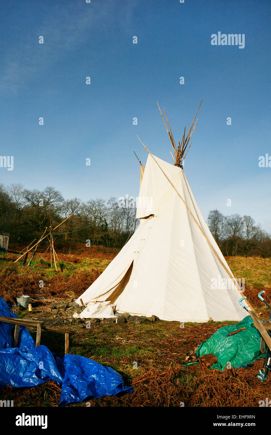 A tipi at Tipi Valley an eco community near Talley in Wales. Stock Photo