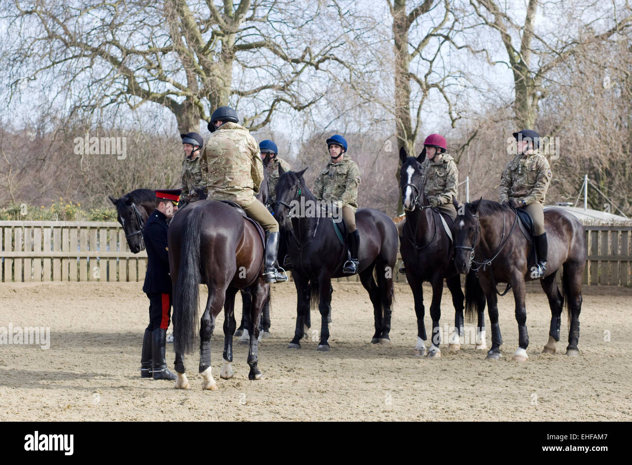 Soldiers on Horseback at the Household cavalry training ground Stock