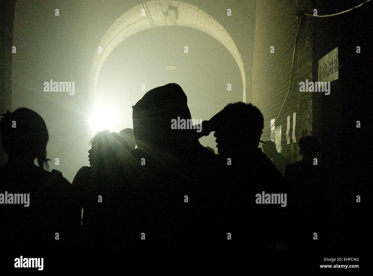 Silhouette of crowd at Londinium warehouse rave 2010. Stock Photo