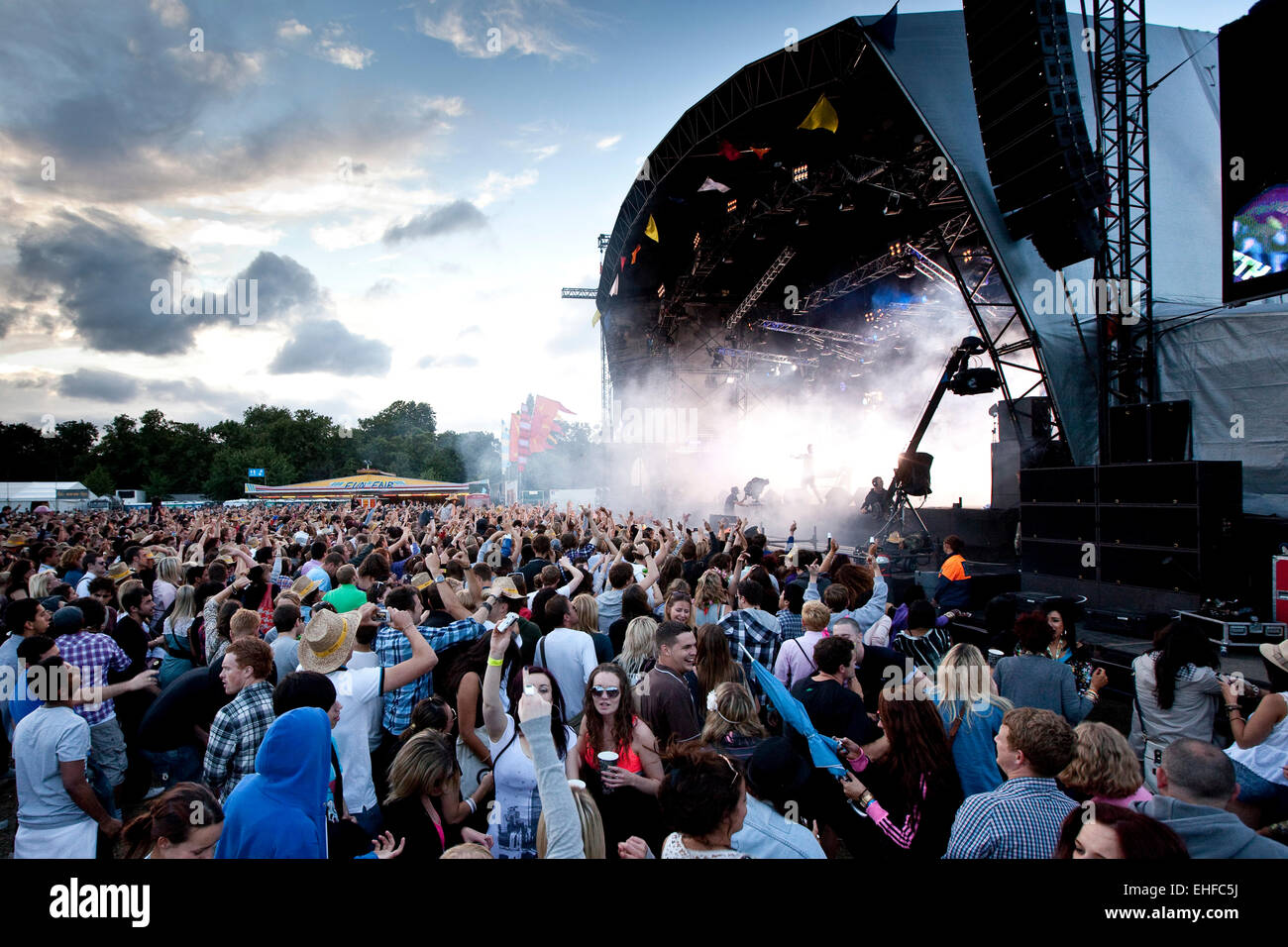 Wide crowd shot of Lovebox festival in Victoria Park London July 2010. Stock Photo