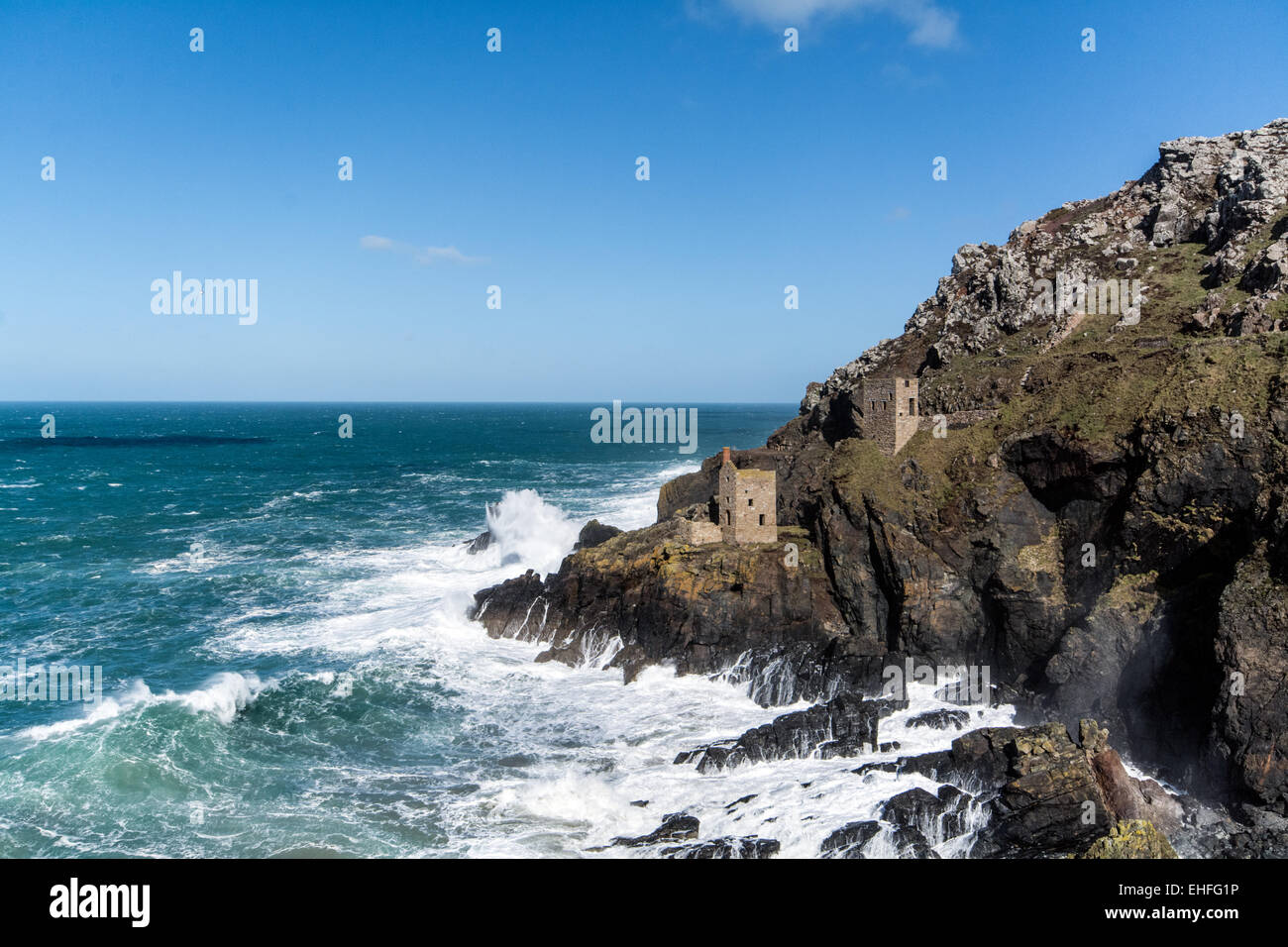 Botallack, Cornwall, UK. 13th March 2015. Brisk winds and sunshine over the north Cornwall coast at Botallack , one of the mining film locations of the current BBC Poldark series. Credit:  Simon Yates/Alamy Live News Stock Photo