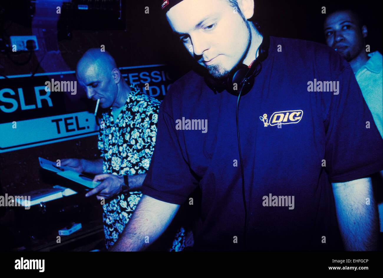 DJ Shadow (centre) with Keb Darge (left) at Bar Rumba. Stock Photo