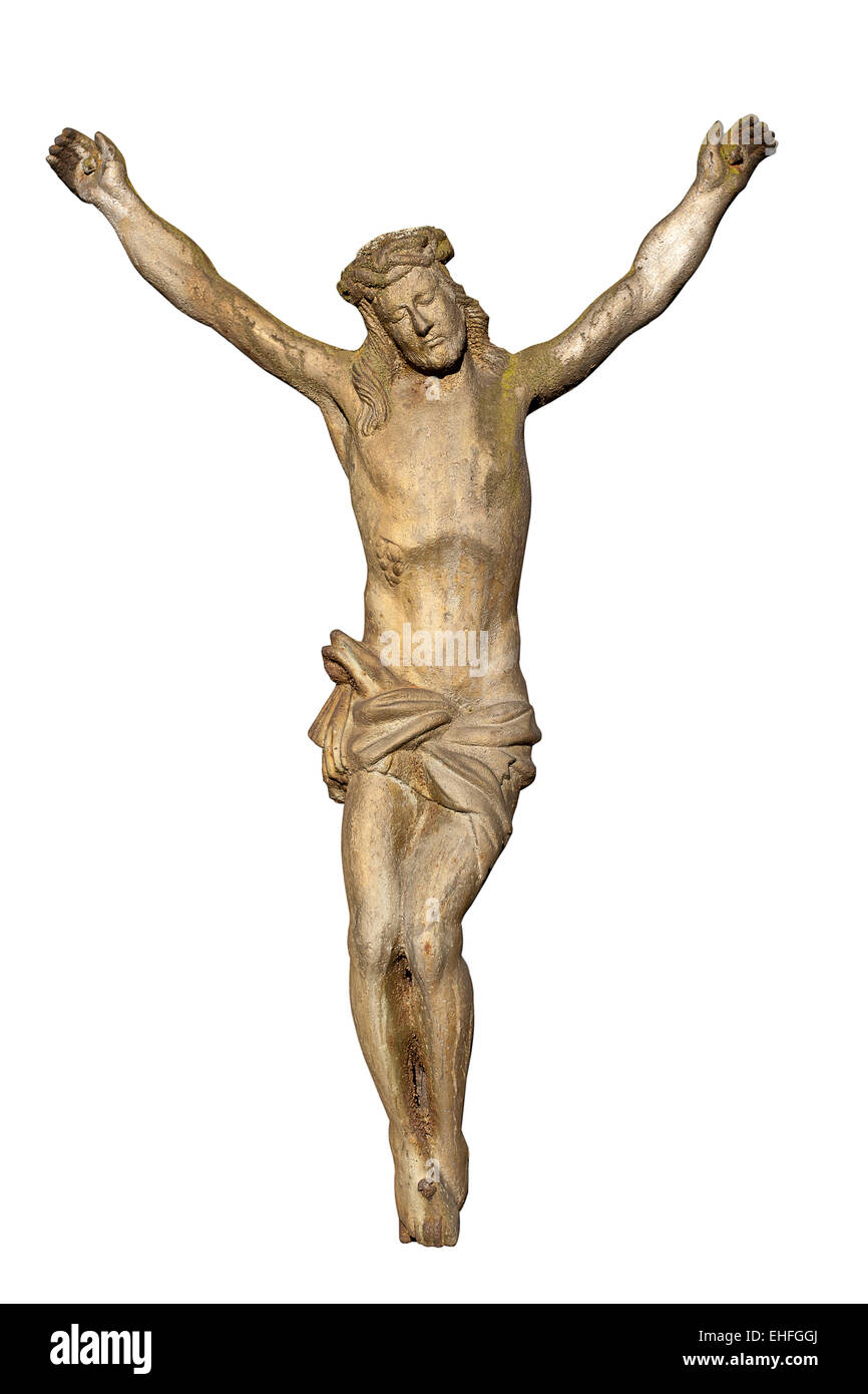 Old statue of Jesus Christ crucified isolated on white Stock Photo