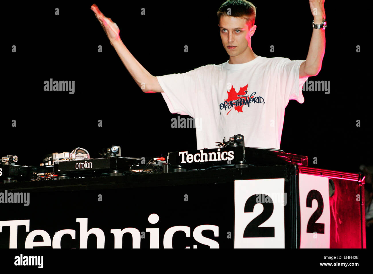Drastik from Canada DJing in the Battle for World Supremacy at the DMC/Technics World DJ Championships at Hammersmith Apollo. Stock Photo